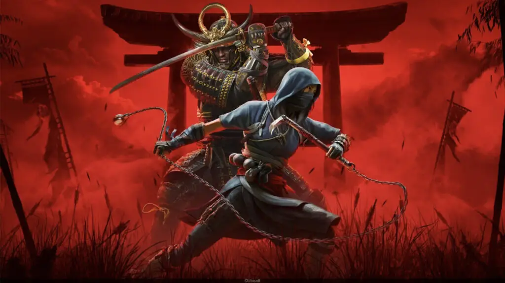 Yasuke empunhando uma katana ao lado de Naoe em uma vila japonesa cercada por cerejeiras durante o pôr do sol em Assassin’s Creed Shadows