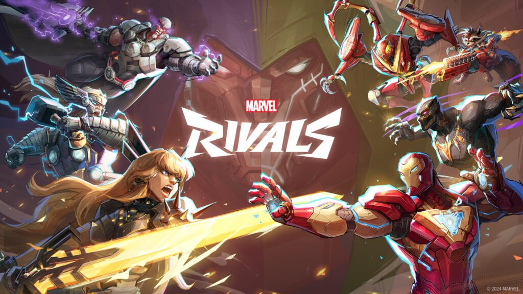 Personagens como Homem de Ferro, Feiticeira Escarlate e Loki em combate em um cenário futurista do jogo Marvel Rivals
