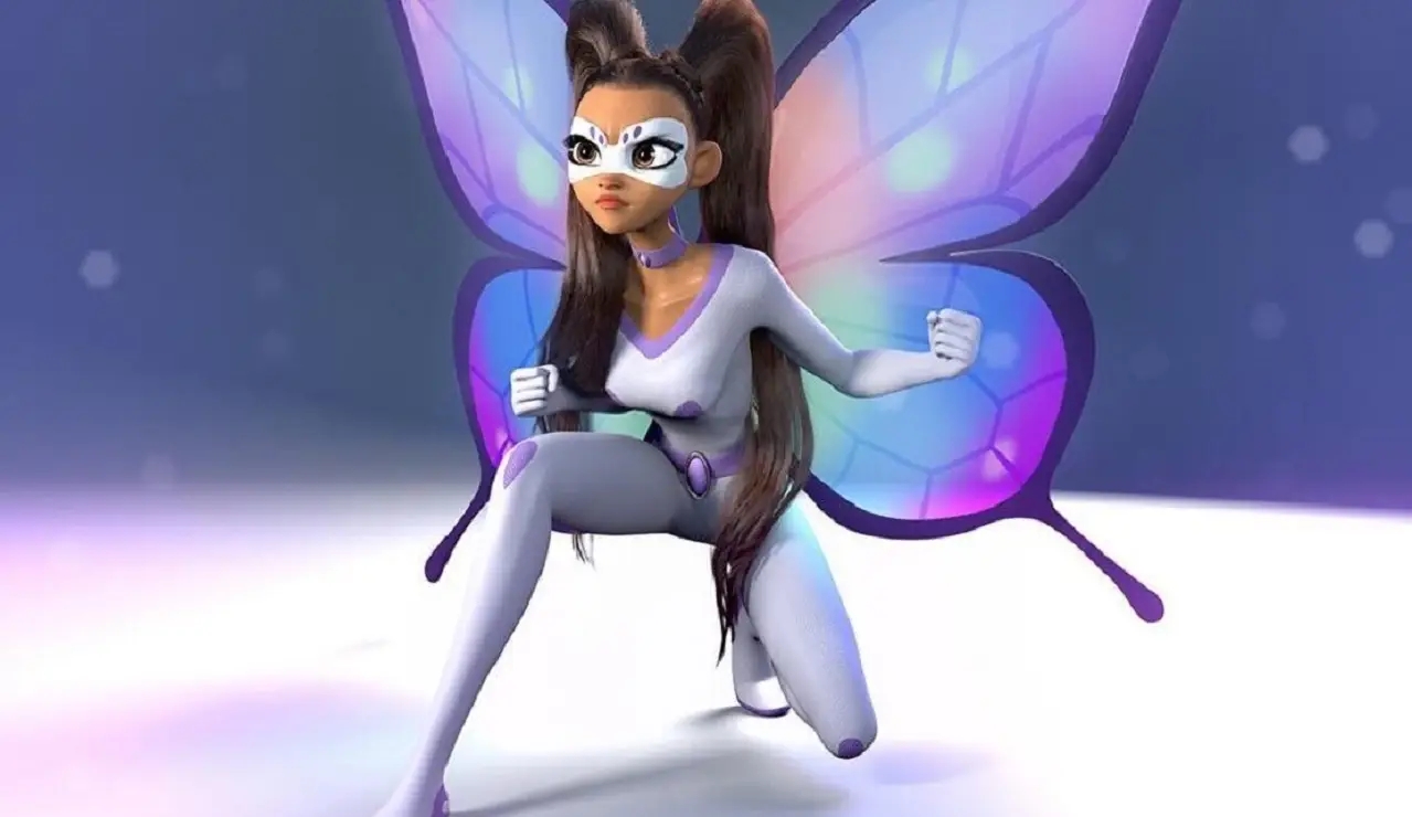 Imagem de Bia, personagem brasileira em Miraculous Ladybug, com traje inspirado na arara azul ao lado de Ladybug em Paris