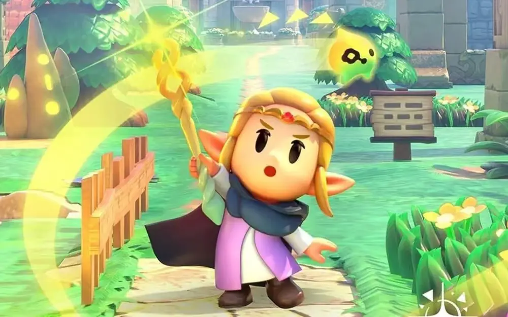 A princesa Zelda com o Tri Rod em mãos, enfrentando inimigos em cenário mágico no novo jogo Echoes of Wisdom