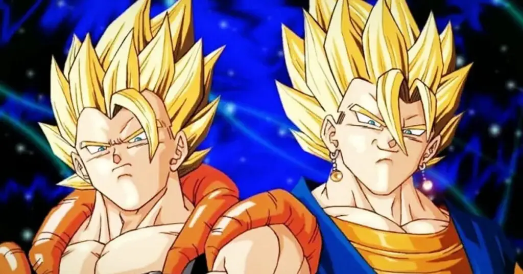 Gogeta e Vegetto comparando as fusões Potara e Dança Metamoru em Dragon Ball