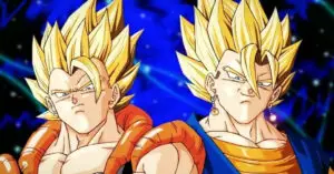 Gogeta e Vegetto comparando as fusões Potara e Dança Metamoru em Dragon Ball