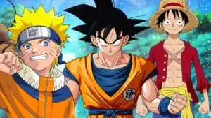 Goku ao lado de Naruto, Luffy e Ichigo mostrando a influência de Dragon Ball em outros animes