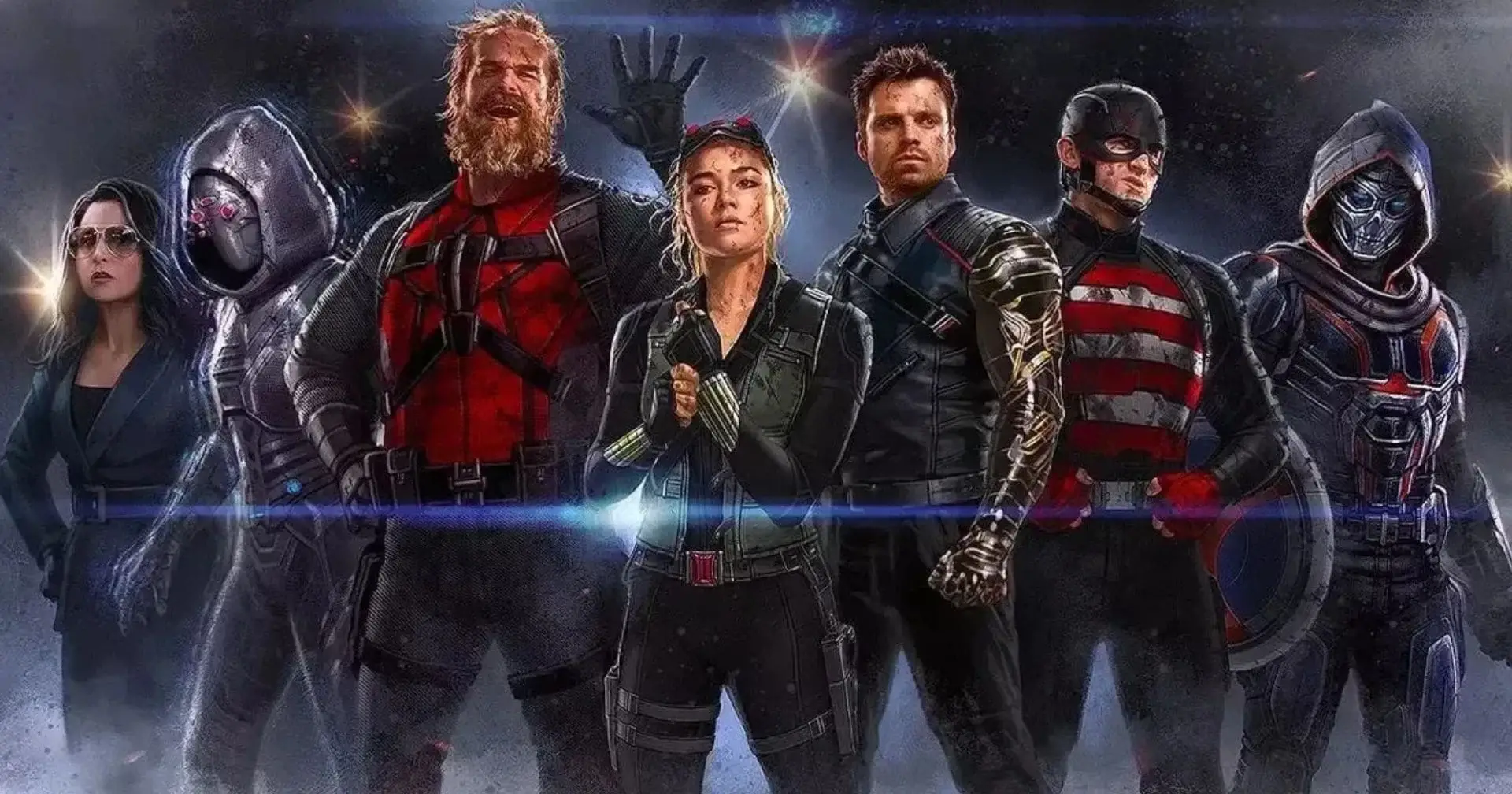 Personagens principais de Thunderbolts* em imagem promocional com visual escuro e atmosfera emocional inspirada no cinema independente