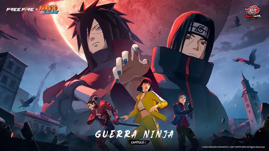 Evento Guerra Ninja em Free Fire × Naruto mostrando jogadores explorando o mapa especial, enfrentando desafios e conquistando lembranças da Akatsuki.