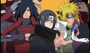 Itachi, Madara e Minato no Capítulo 2 de Free Fire × Naruto, exibindo suas skins icônicas e habilidades inspiradas no anime durante o crossover.