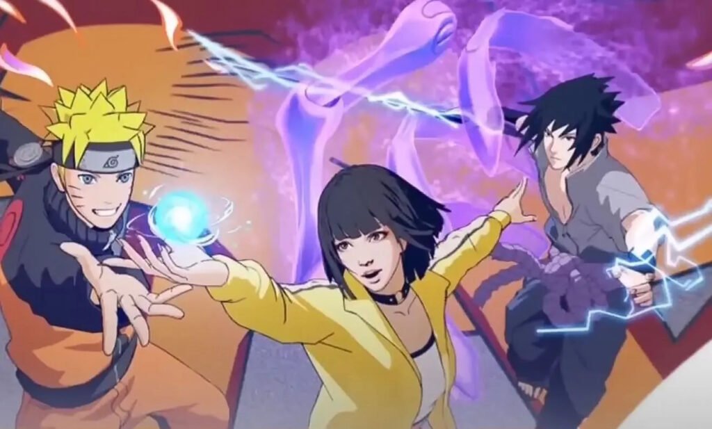 Personagens de Naruto usando ninjutsus no Capítulo 2 de Free Fire, mostrando o Sharingan, Izanagi e Tsukuyomi em batalhas intensas dentro do battle royale.