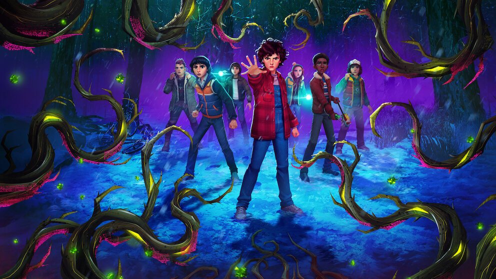 Personagens do desenho Stranger Things Histórias de 85 — Eleven, Mike, Dustin, Lucas, Will, Max e Nikki Baxter animados