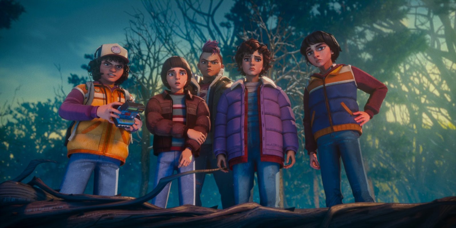 Stranger Things Tales from 85 – personagens animados Eleven, Mike, Dustin, Lucas, Will e Max em Hawkins