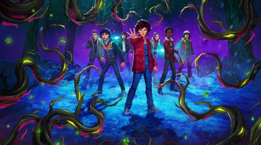 Personagens do desenho Stranger Things Histórias de 85 — Eleven, Mike, Dustin, Lucas, Will, Max e Nikki Baxter animados