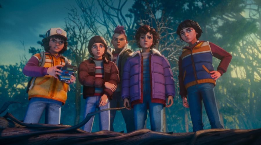 Stranger Things Tales from 85 – personagens animados Eleven, Mike, Dustin, Lucas, Will e Max em Hawkins